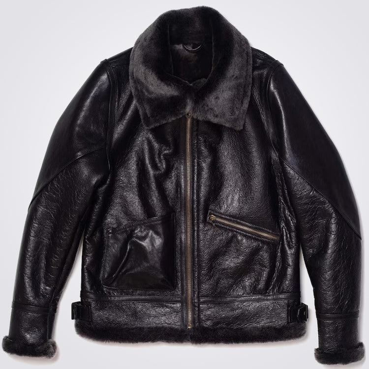 Mens Black Sheepskin Leather Coat with Sherpa