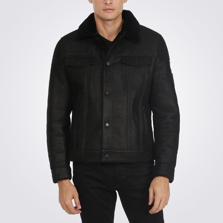 Mens Black Sheepskin Trucker Coat