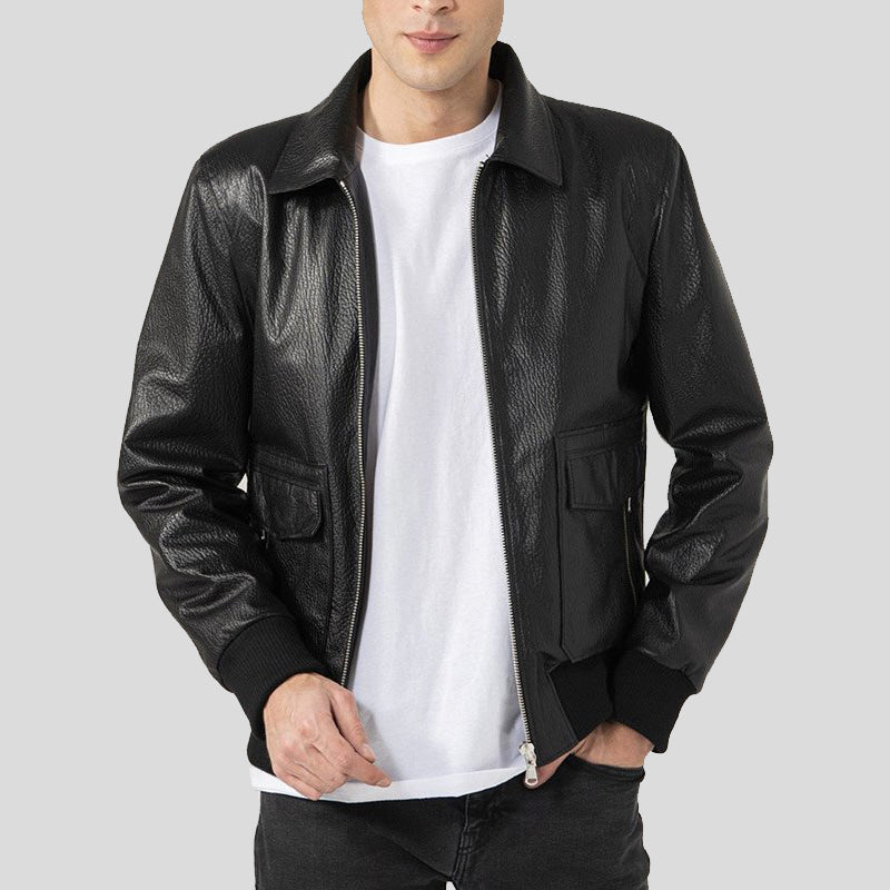 Mens Black Shirt Collar Bomber Leather Jacket