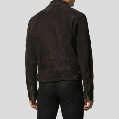 Mens Black Suede Leather Biker Jacket Back