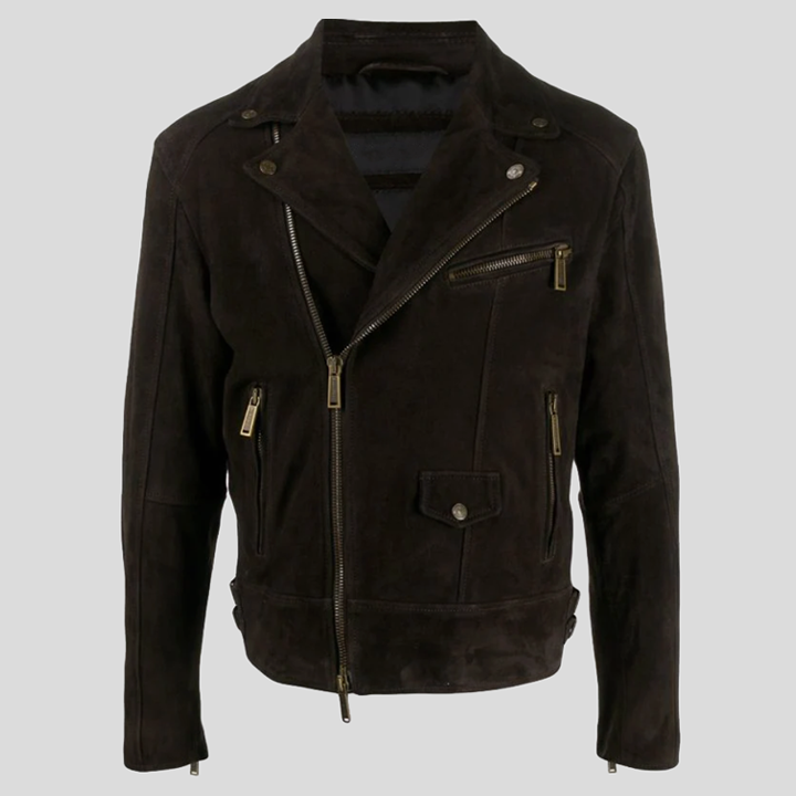 Mens Black Suede Leather Biker Jacket