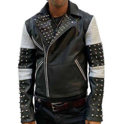 Mens Black White Designer Combo Studded Jacket