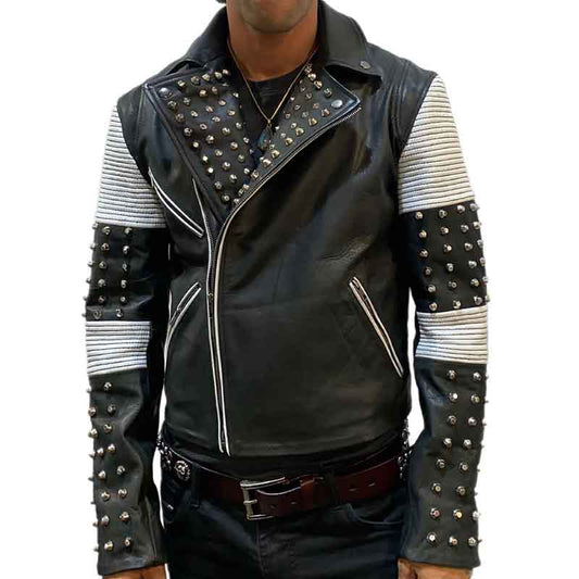 Mens Black White Designer Combo Studded Jacket - Fashion Leather Jackets USA - 3AMOTO