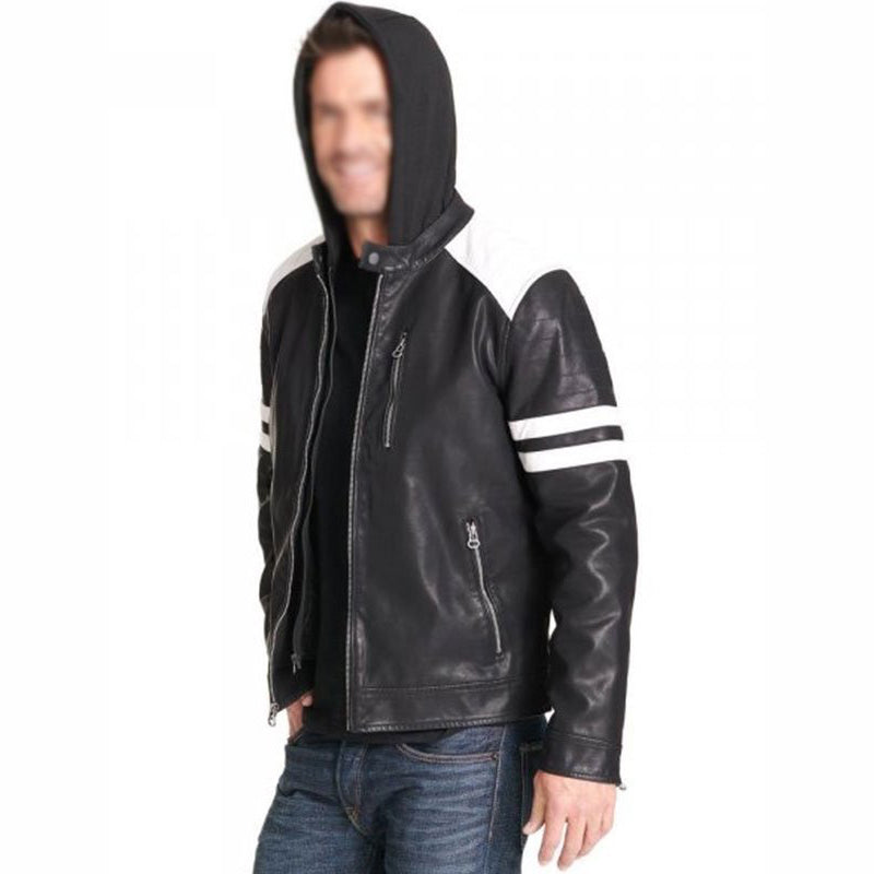 Mens Black White Leather Motorcycle Jacket