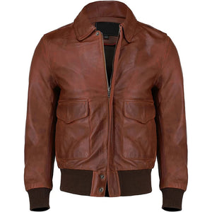 Mens Brown Air Force Ribbed Pilot A2 Aviator Real Leather Flight Bomber Jacket