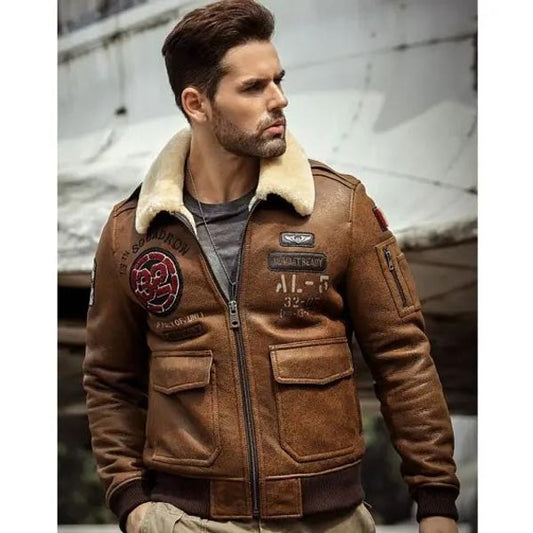 Men's Brown Airforce Flight Shearling Bomber Jacket Coat Embroidered Jacket - 3amoto shop