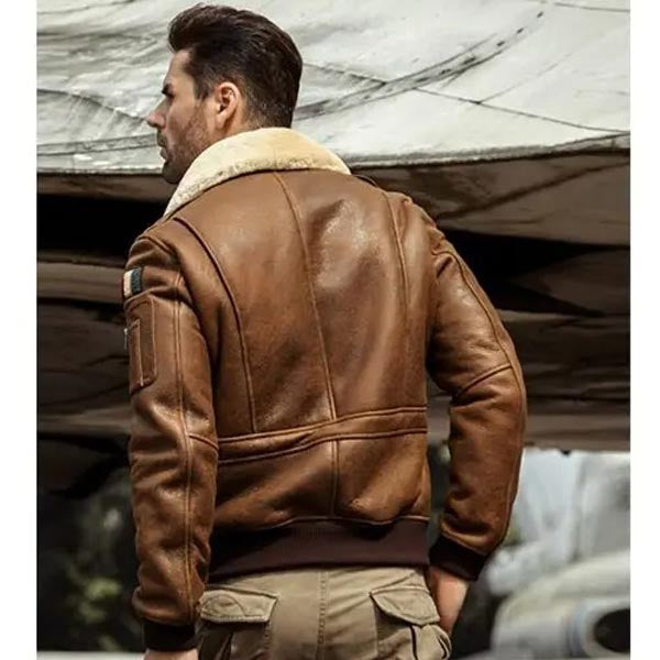 Men's Brown Airforce Flight Shearling Bomber Jacket Coat Embroidered Jacket