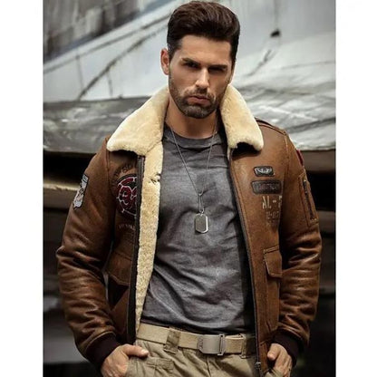 Men's Brown Airforce Flight Shearling Bomber Jacket Coat Embroidered Jacket