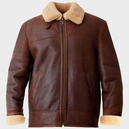 Mens Brown Aviator Shearling Leather Jacket - Fashion Leather Jackets USA - 3AMOTO