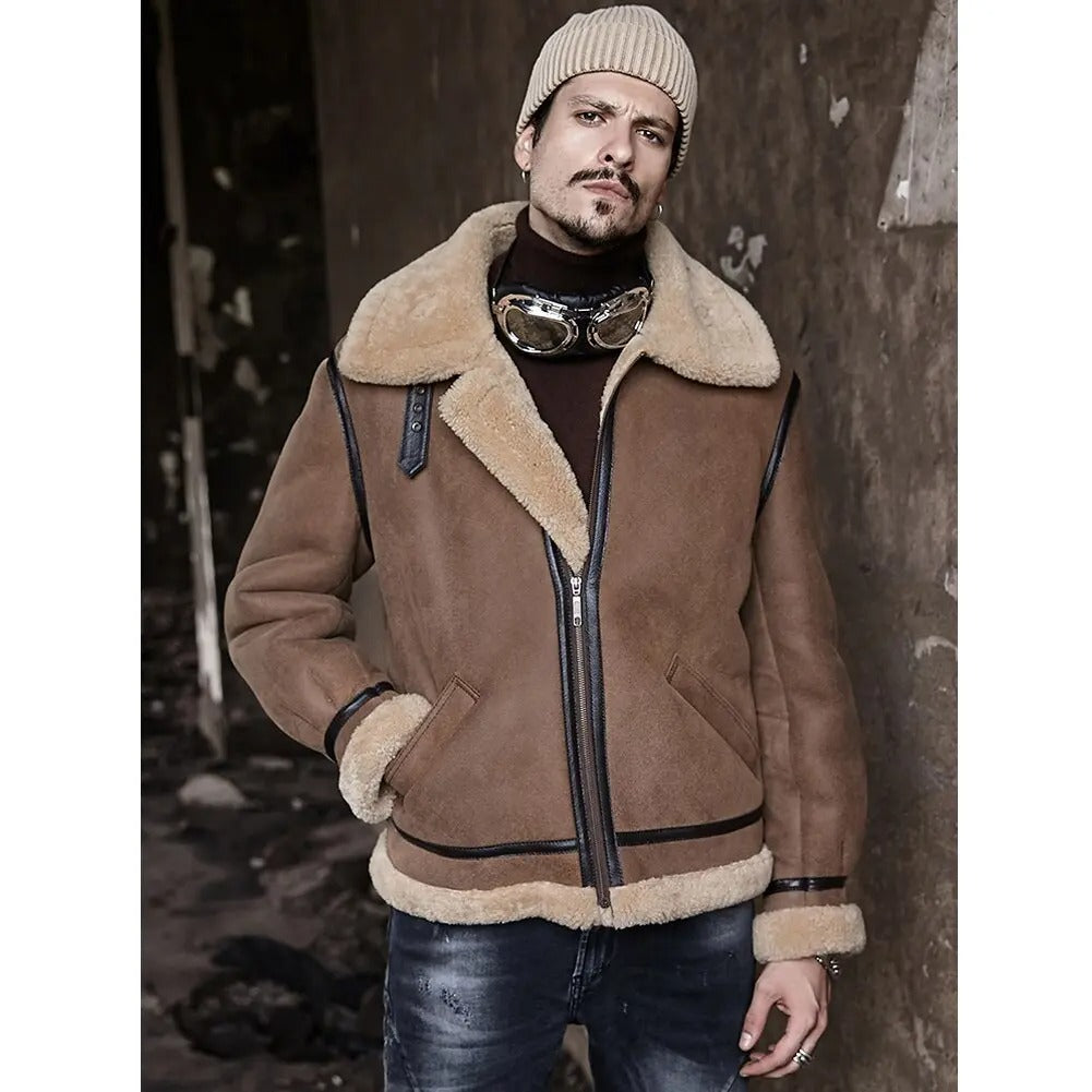 Mens Brown B3 Airforce Flight Sheepskin Shearling Leather Jacket Fur Coat