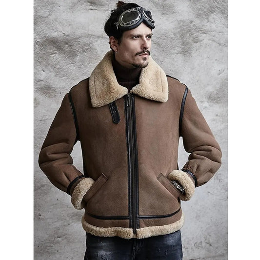 Mens Brown B3 Airforce Flight Sheepskin Shearling Leather Jacket Fur Coat - Fashion Leather Jackets USA - 3AMOTO