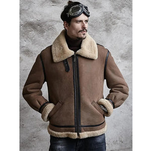 Mens Brown B3 Airforce Flight Sheepskin Shearling Leather Jacket Fur Coat