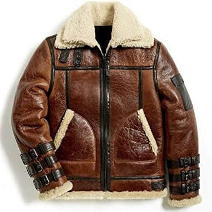 Men's Brown B3 Bomber Double Collar Shearling Leather Jacket - 3amoto shop