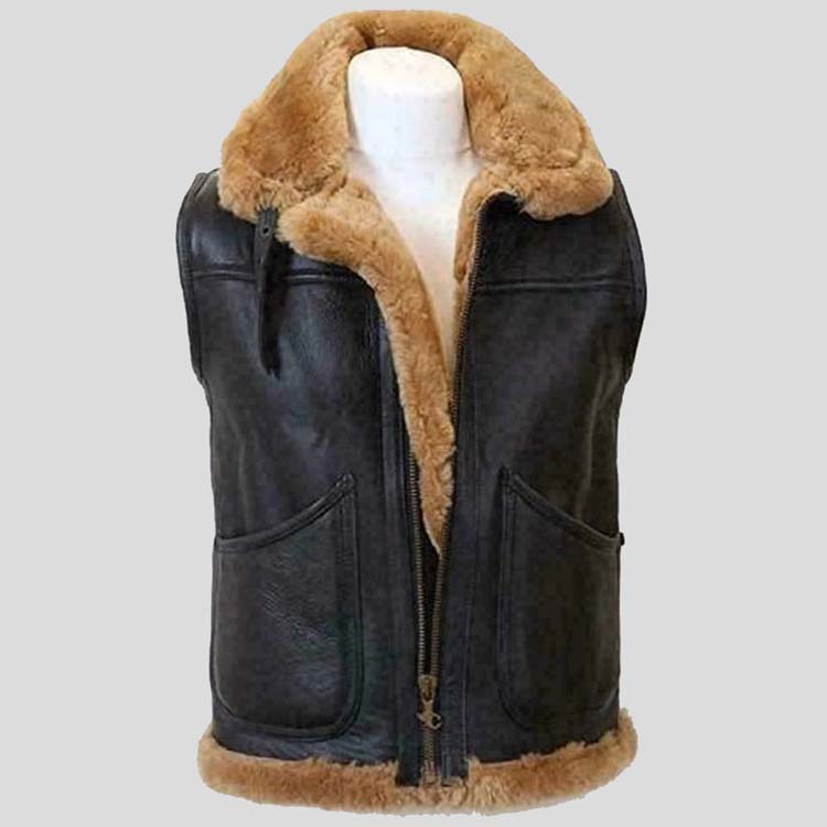 Mens Brown B3 Bomber Shearling Fur Leather Vest