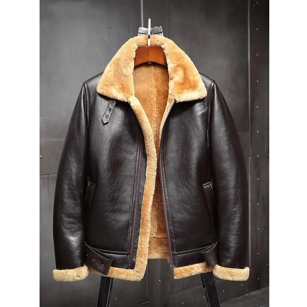 Mens Brown B3 Bomber Shearling Fur Sheepskin Jacket