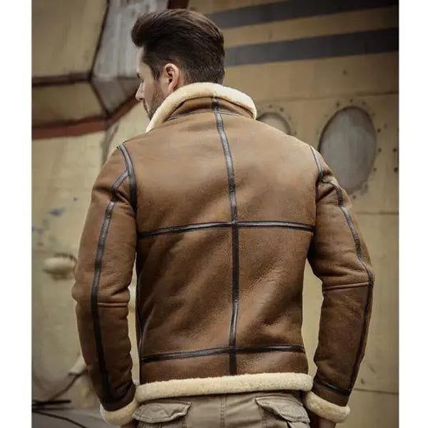 Men's Brown B3 RAF Aviator Shearling Motorcycle Jacket Sheepskin Coat