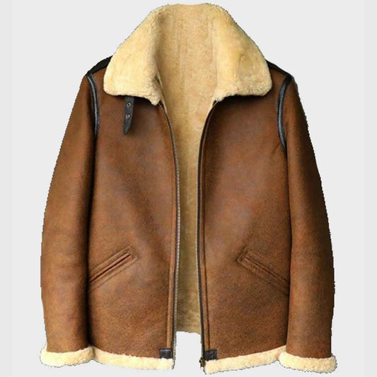 Mens Brown B3 Shearling Aviator Leather Jacket - Fashion Leather Jackets USA - 3AMOTO