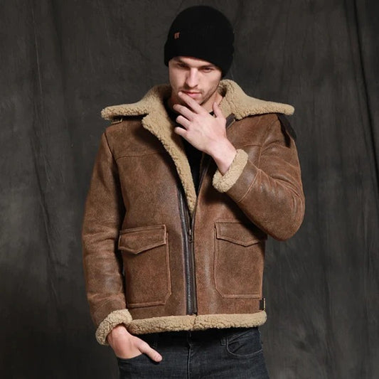 Men's Brown B3 Sheepskin Bomber Jacket Coat - Fashion Leather Jackets USA - 3AMOTO