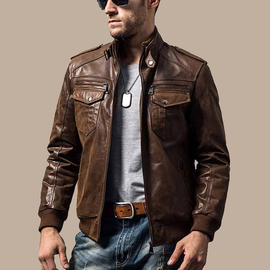 Men’s Brown Bomber Leather Jacket with Rib Collar, stylish and classic design for men. - Fashion Leather Jackets USA - 3AMOTO