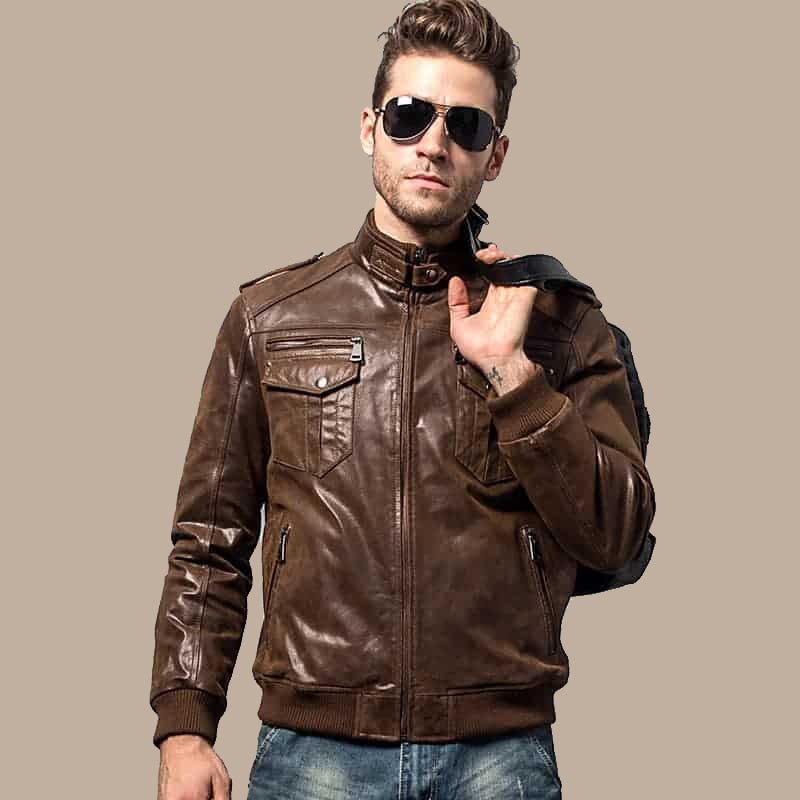 Men's Brown Bomber Leather Jacket with Rib Collar