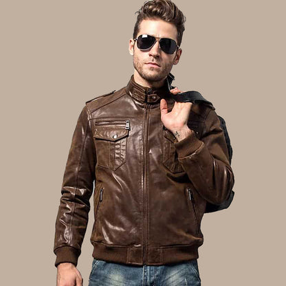 Mens Brown Bomber Leather Jacket Front