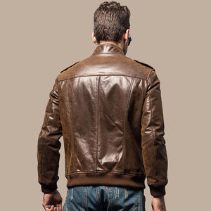 Mens Brown Bomber Leather Jacket Back
