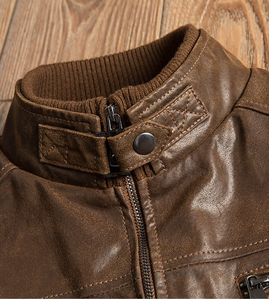 Mens Brown Bomber Leather Jacket Detail