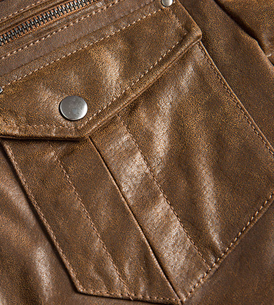 Mens Brown Bomber Leather Jacket Pocket Detail