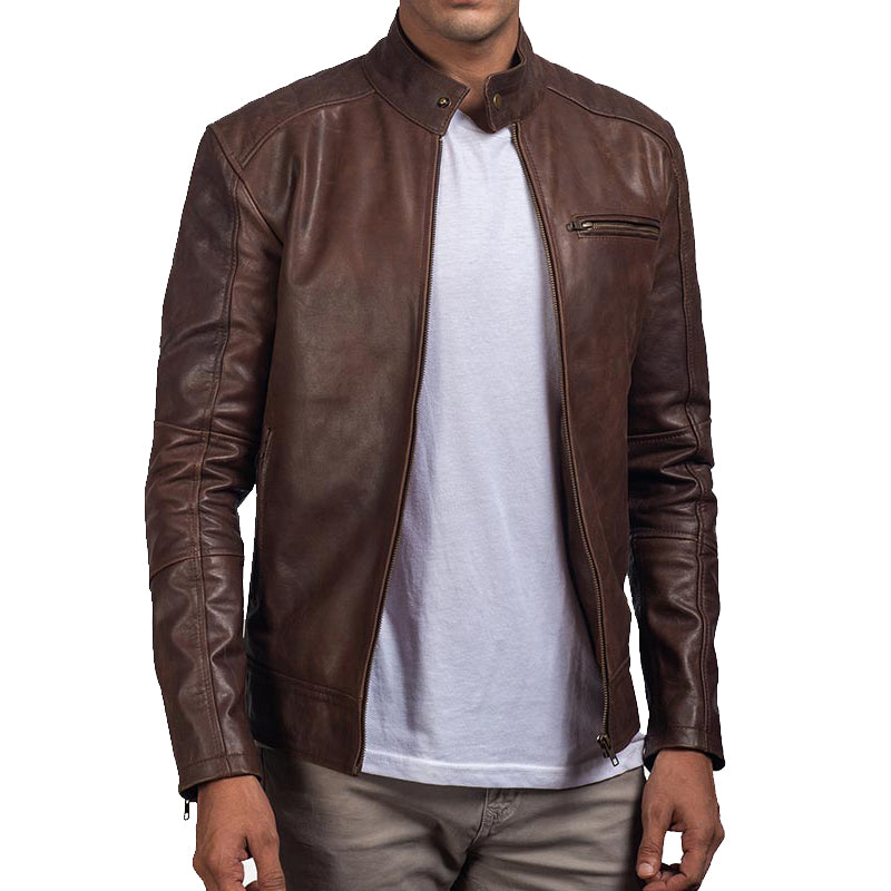 Mens Brown Cafe Racer Leather Biker Jacket