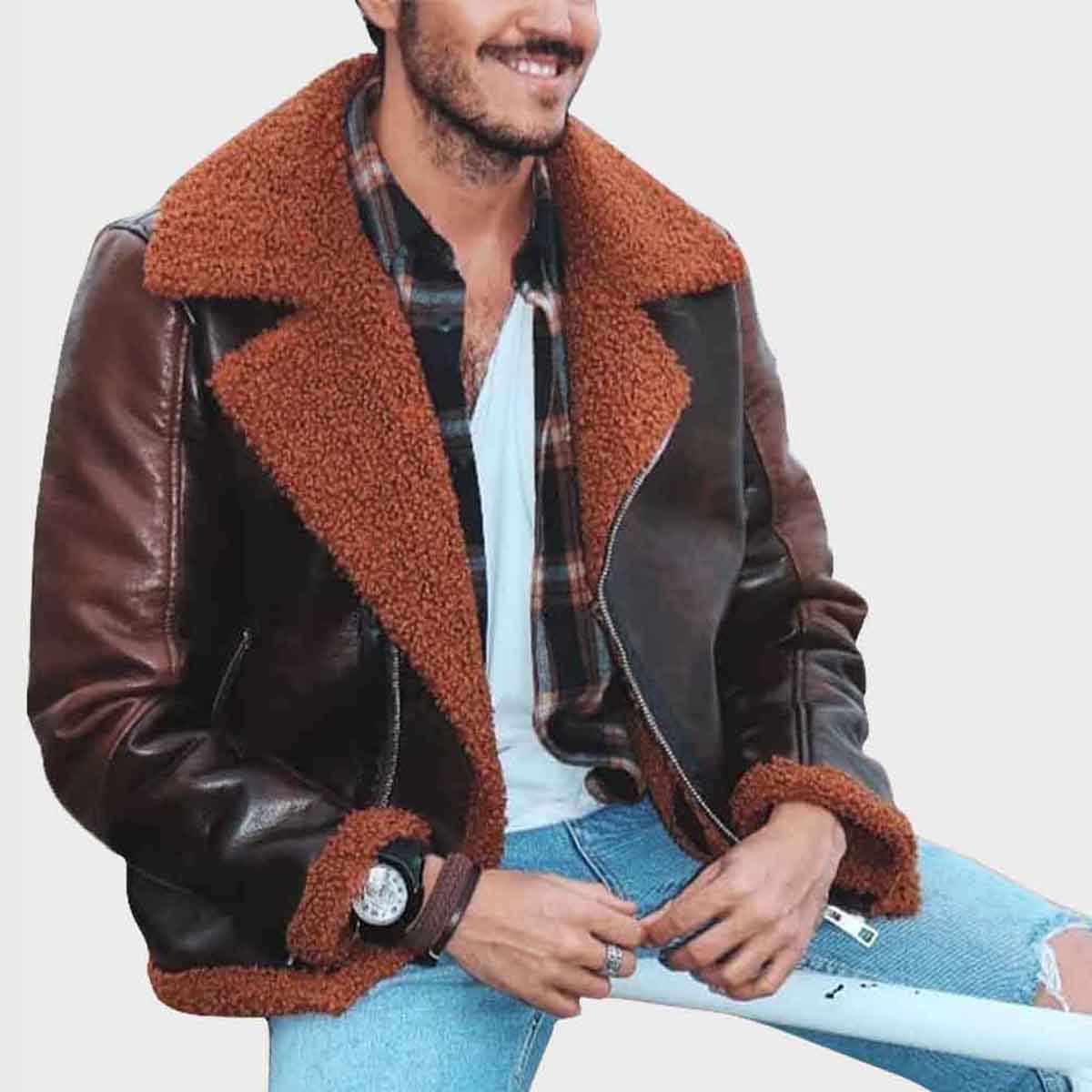 Mens Brown Distressed Aviator Shearling Leather Jacket