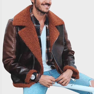 Mens Brown Distressed Aviator Shearling Leather Jacket
