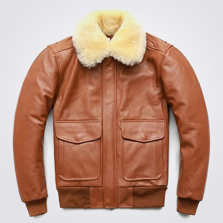 Men's Brown Leather Bomber Jacket with Detachable Collar