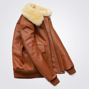Men's Brown Leather Bomber Jacket with Detachable Collar