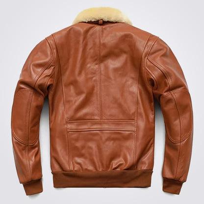 Men's Brown Leather Bomber Jacket with Detachable Collar