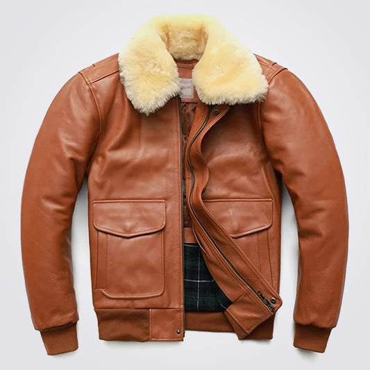 Men's Brown Leather Bomber Jacket with Detachable Collar - Fashion Leather Jackets USA - 3AMOTO