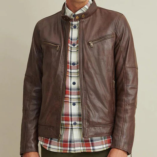 Mens Brown Leather Motorbike Jacket - Fashion Leather Jackets USA - 3AMOTO