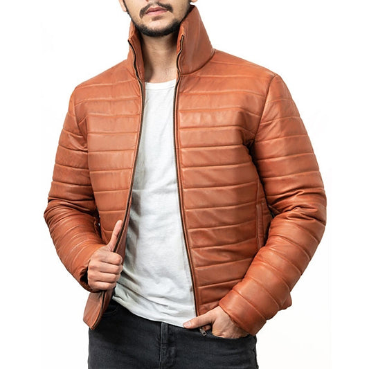 Mens Brown Leather Puffer Jacket - 3amoto shop