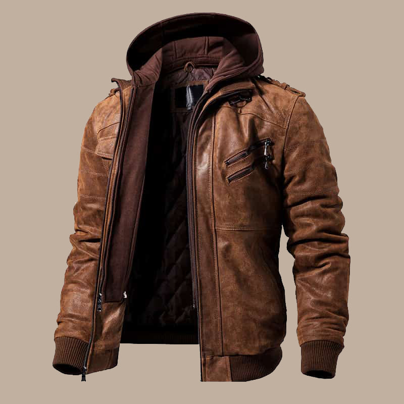 Mens Brown Motorcycle Bomber Leather Jacket with Removable Hood Open