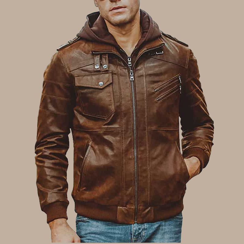 Men’s Brown Motorcycle Bomber Leather Jacket with Removable Hood, versatile and rugged design for men.