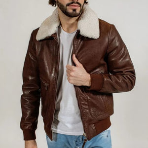 Men's Brown Ralph Lauren Style Leather Bomber Aviator Shearling Collar Jacket