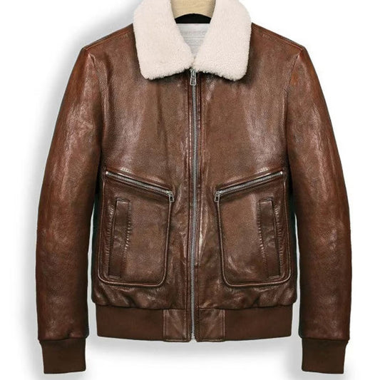 Men's Brown Ralph Lauren Style Leather Bomber Aviator Shearling Collar Jacket - 3amoto shop