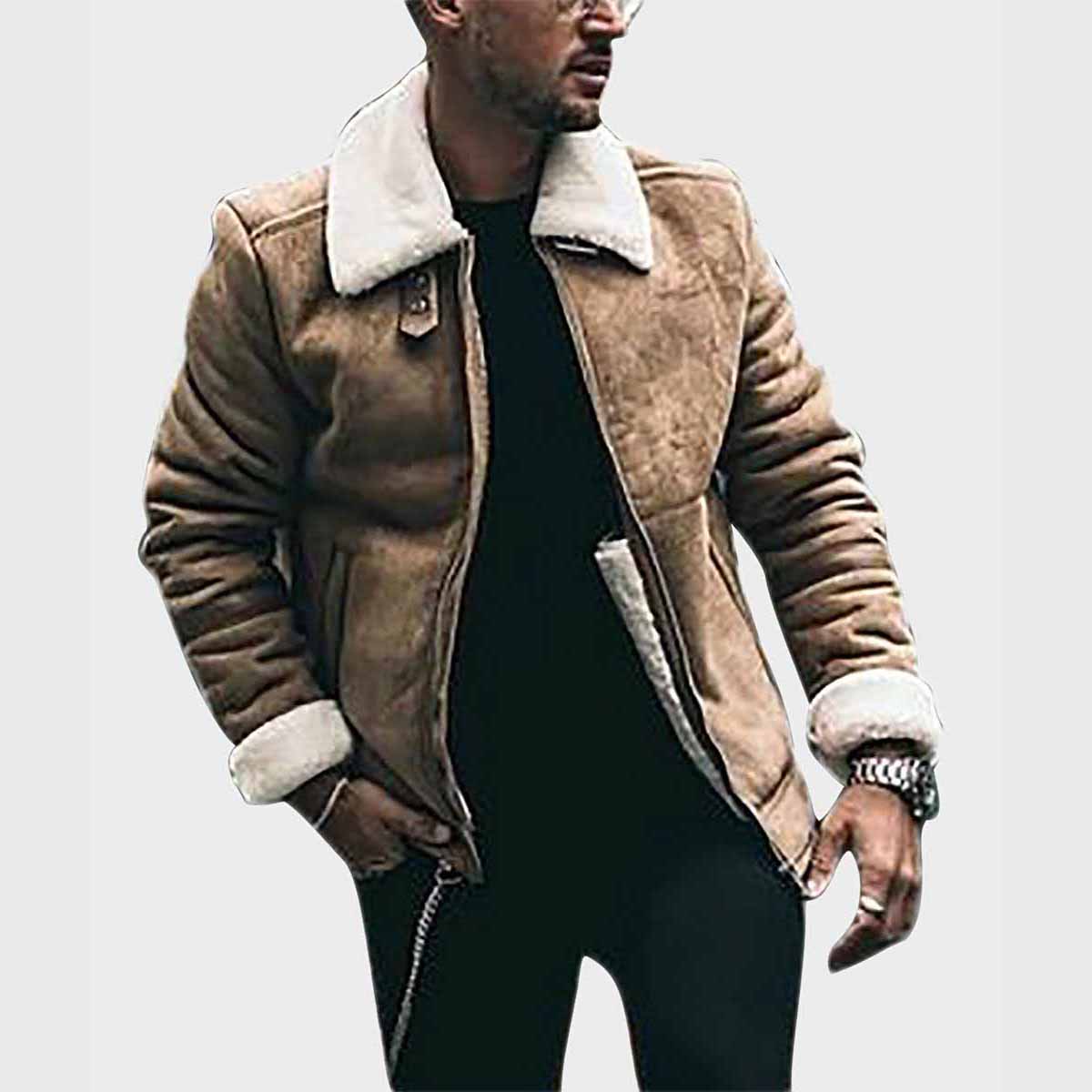 Mens Brown Shearling Aviator Leather Jacket