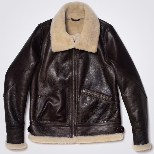 Mens Brown Sheepskin Leather Coat with Sherpa - Fashion Leather Jackets USA - 3AMOTO