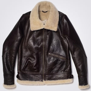 Mens Brown Sheepskin Leather Coat with Sherpa