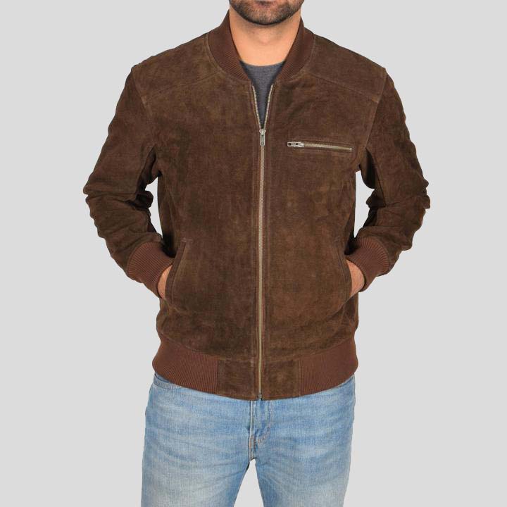 Mens Brown Suede Bomber Jacket