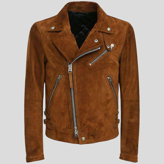 Mens Brown Suede Leather Biker Jacket - Fashion Leather Jackets USA - 3AMOTO