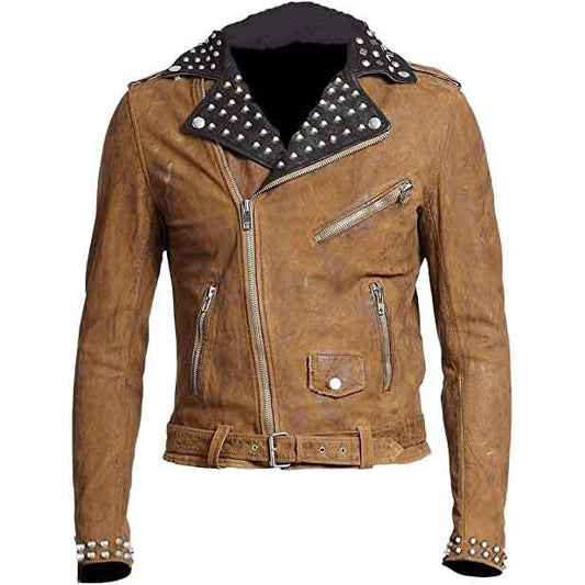 Mens Brown Suede Leather Studded Biker Jacket - Fashion Leather Jackets USA - 3AMOTO