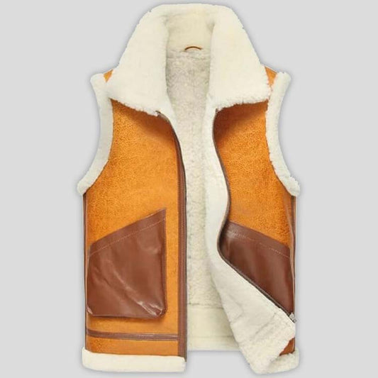 Mens Brown White Fur Shearling Leather Vest - Fashion Leather Jackets USA - 3AMOTO