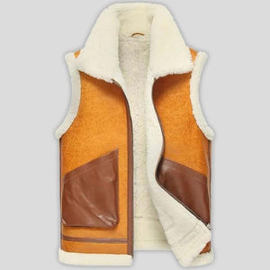 Mens Brown White Fur Shearling Leather Vest