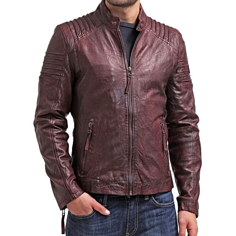 Mens Waxed Leather Cafe Racer Biker Jacket Copper Burgundy back